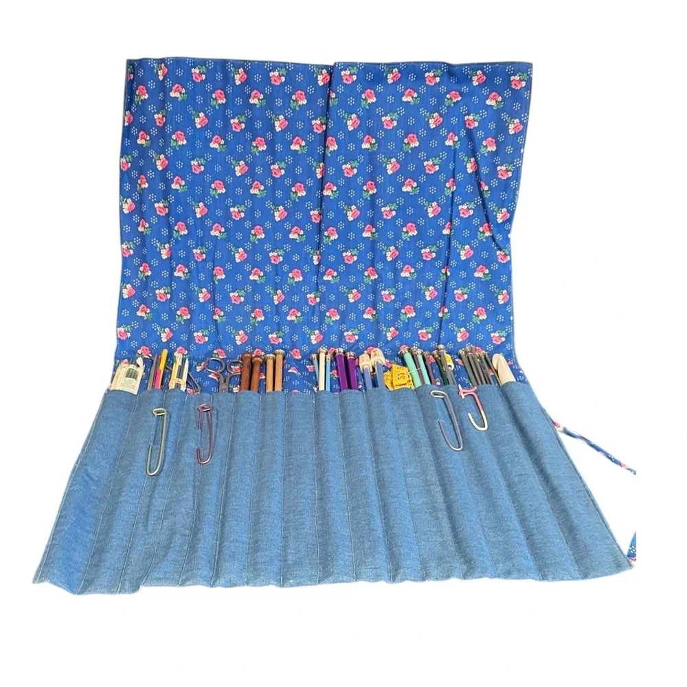 Vintage Knitting Needle Roll Organizer with‎ Assorted Needles Hooks and Tools